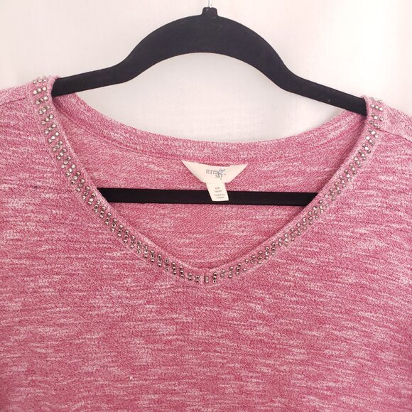 Terra & Sky Pink 3/4 Unique Sleeves Beaded V Neck Blouse Plus Size 0X (14w) - Picture 8 of 15